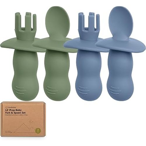 KeaBabies 4-Pack Silicone Baby Spoons and Forks Set - Baby Spoon Self Feeding, BLW Baby Utensils 6-12 Months, Baby Led Weaning Feeding Spoon, Teething Infant Baby First Food Training Pre Spoon(Slate)