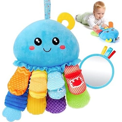 hahaland Baby Sensory Toys 0-6 Months - Soft Tummy Time Teething Toy with Multi-Sensory Crinkle Rattle Mirror for Infants Hanging Carseat Toys Developmental Newborn 3 4 5 6 Month Baby Shower Gifts
