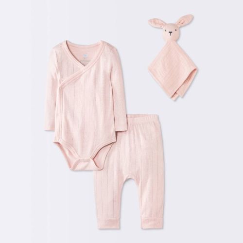 Baby Girls' 3pc Bodysuit and Pants Set with Lovey Toy - Cloud Island™ Pink 6-9M