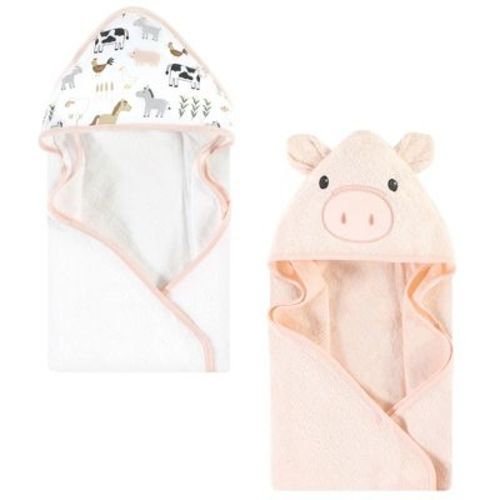 Hudson Baby Infant Girl Cotton Animal Face Hooded Towel, Pig 2-pack, One Size