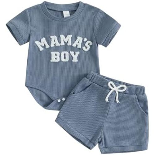 Douhoow Baby Boy Summer Outfits Short Sleeve Mamas Boy Little Dude Embroidery Boy Romper Shorts Set Infant Waffle Clothes