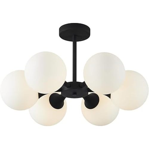 KCO Lighting 6 Lights Modern Semi Flush Mount Ceiling Light Fixture Glass Globe Sputnik Chandelier Ceiling Lighting Mid Century Black Close to Ceiling Light