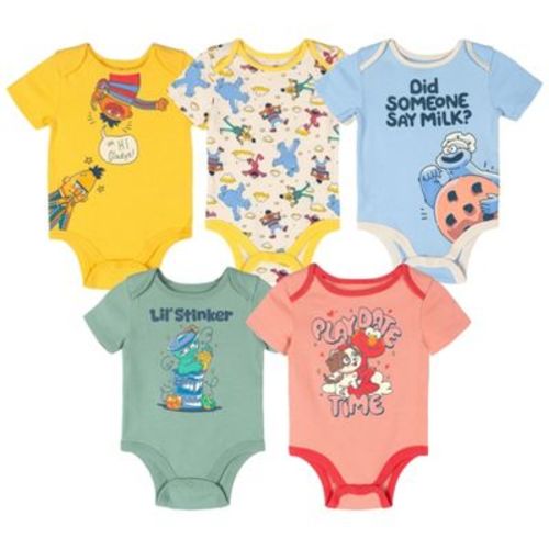 Sesame Street Newborn Baby Boys 5 Pack Bodysuits Blue / Yellow / Beige / Green / Red 3-6 Months