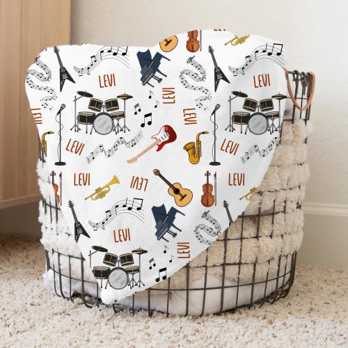 Music Themed Baby Blanket, Custom Name Baby Shower Gift, Baby Shower Gift for Musicians, Soft Fleece Throw, Velveteen Plush Blanket,