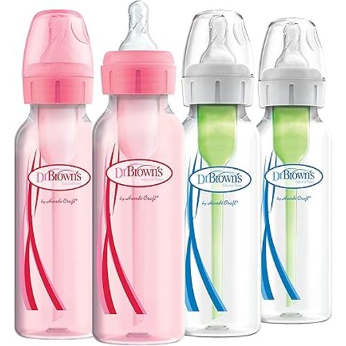 Dr. Brown’s Natural Flow® Anti-Colic Options+™ Narrow Baby Bottles, 8 oz/250ml, with Level 1 Slow Flow Nipple, 4 Pack, Pink/Clear