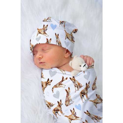 Red Heeler Baby Swaddle Blanket, Baby Boy Gift, Hospital Photo, Baby Gown With Australian Cattle Dogs, Neutral Knotted Hat and Swaddle Set