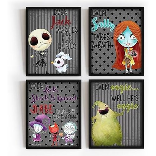 Silly Goose Gifts Character Themed Bathroom Wall Art Print Set - Even A Nightmare Will Brush Teeth Take A Bath Wash Hands- Funny Jack Bath Reminder Picture Decor