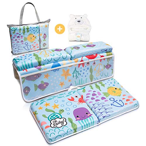 Bath Kneeler and Elbow Rest Pad Set - Includes Hooded Baby Towel, Baby Bath Cushion with 1.5" Neoprene Padding, 8 Suction Cups - Bath Tub Kneeler and Elbow Rest, 4 Mesh Pockets for Bath Essentials