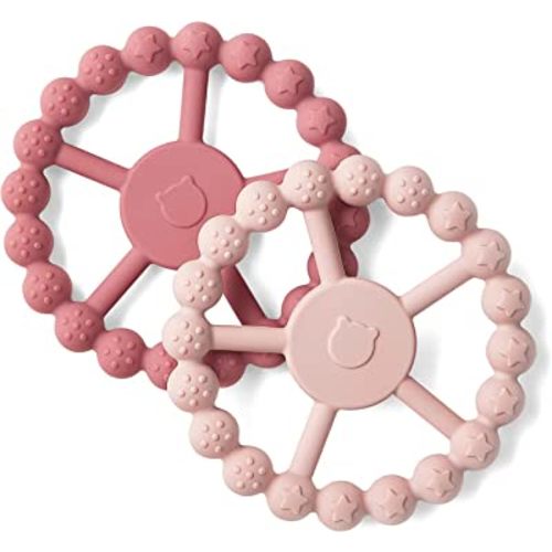 SAMiGO Silicone Teethers for Babies 0-6 6-12 Months Baby Teething Rings Chew Toys for Infant Girls - 2 Pack