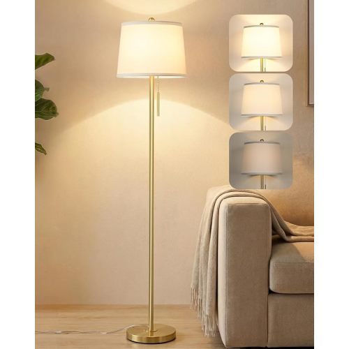 Gold Floor Lamp for Living Room, Tall Standing Lamp 55-65" Adjustable Modern Brass Floor Lamps for Bedroom Reading Office Kids 3 Color Lights Corner Night Stand (9W LED Bulb, White Shade)