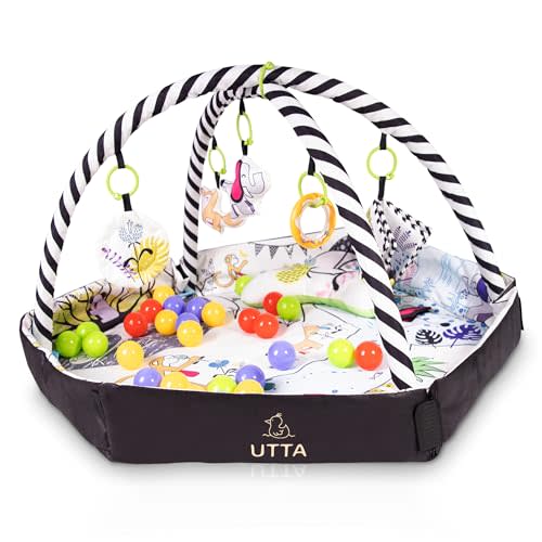 4-in-1 Baby Activity Center and Play Mat – Includes 30 Ocean Balls & 5 Toys – Soft Washable Floor Gym for Newborns & Toddlers – Ball Pit, Tummy Time, Crawling, Sit & Play – Baby Gift Idea