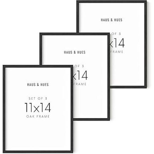 HAUS AND HUES 11"x14" Black Oak Wood Frames Set of 3-11x14 Poster Frame Black, 3 Poster Frame, 11x14 Frame Set of 3, 11x14 Frame 3 Pack, 11 x 14 Frame Art, Certificate Frames