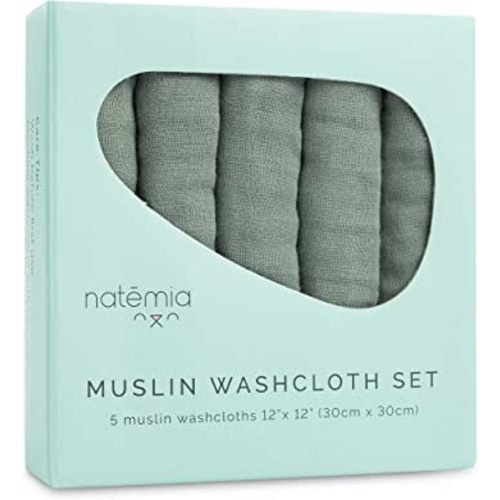 Natemia Muslin Baby Washcloths for Newborn - Premium Wash Cloths for Babies, Super Absorbent and Ultra Soft Rayon Made from Bamboo, 6 Layer Baby Girl and Baby Boy Washcloths, 5 Piece Set