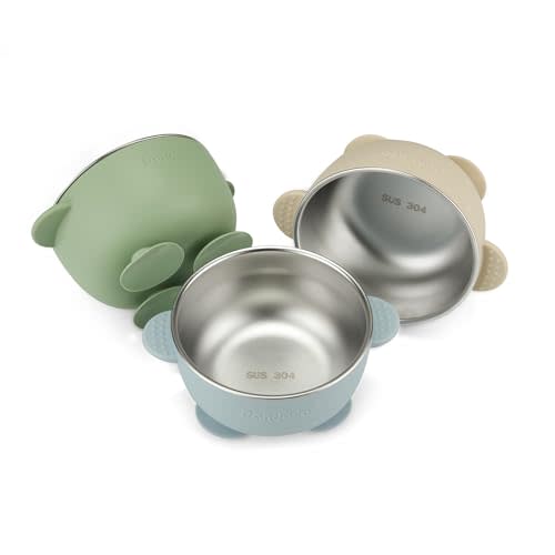 PandaEar 3 Pack Stainless Steel Baby Suction Bowls, Non-Slip Child Food Bowl with Silicone Sleeve for Kids Toddlers Infants, Unbreakable & Mess Free (Blue Green Brown)