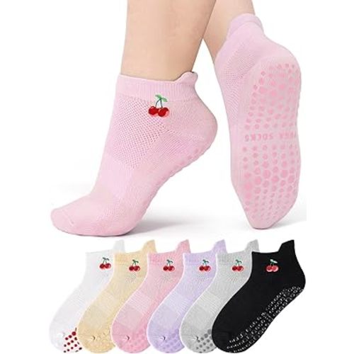 VITEVER 6 Pairs Grip Pilates Socks for Women, Grippy Non Slip Yoga Socks, Cute Cherry Grip Socks for Barre, Hospital, Athletic, Barefoot and Workout