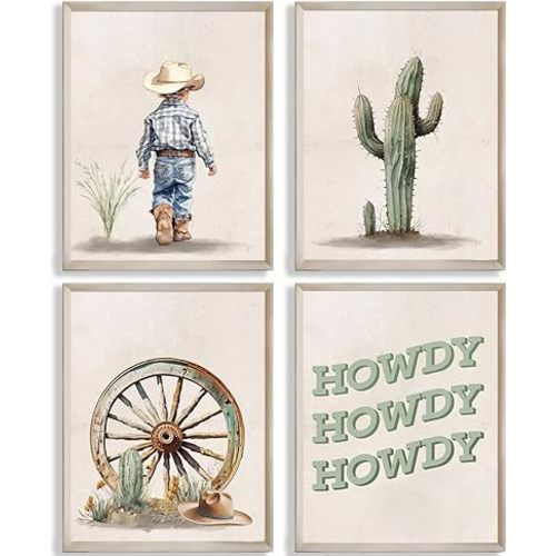 Western Howdy Cowboy Hats Cactus Desert Boho Beige Wall Art Prints for Cowboy Nursery Decor and Baby Boy Room Decor and Kids Room Decorations and Boys Room Decor,Set of 4(8"x10"inch,Unframed).