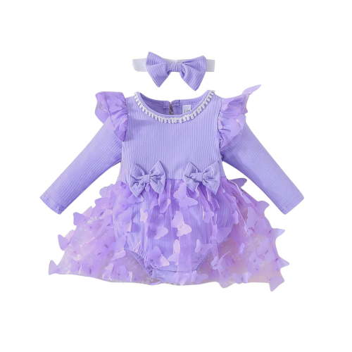 Zwiiyzr 0-18M Girl's Solid Color Jumpsuit Round Neck Long Sleeve Ruffle Baby Clothes with Headband Baby Clothes for Girls Purple