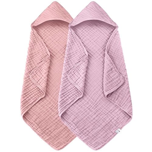 2 Pack Hooded Baby Towels - 100% Muslin Cotton for Newborns, Infants, Toddlers - Large 32x32 Inch Size - Highly Absorbent and Essential for Newborn Care, Light Sakura