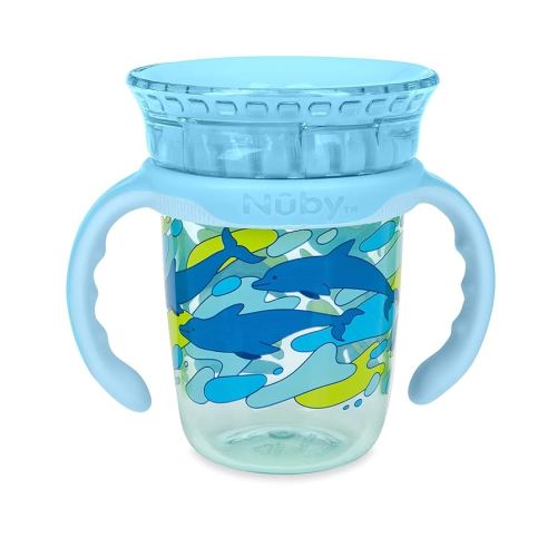 Nuby 360 Edge 2 Stage Drinking Rim Cup with Removable Handles & hygienic Cover: 8 Oz/ 240 Ml, 12M+, Dolphins, Aqua