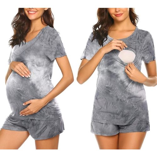 Ekouaer Maternity Nursing Pajamas Set Short Sleeve Breastfeeding Sleepwear Double Layer Postpartum Top and Shorts Set