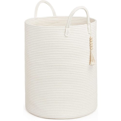 Goodpick White Laundry Basket with Handles, Tall Woven Laundry Hamper for Clothes, Towels, Pillows, Toys, Decorative Blanket Basket for Living Room, Bedroom, Playroom, 16 x 20 inches