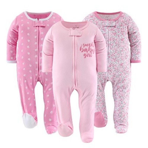 The Peanutshell Floral Love Footed Baby Sleepers for Girls, 3-Pack, Newborn to 9 Months, Size: newborn