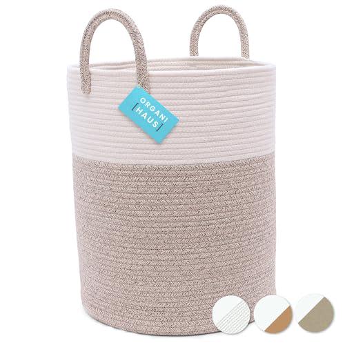 OrganiHaus XL Cotton Rope Basket | Tall 15”x18” Storage Basket with Long Handles | Decorative Large Basket for Blankets (Brown - Off White)
