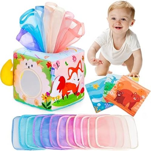 Baby Tissue Box Toy Montessori Toys for Infant 6,9,12,18 Months Sensory Tissue Box Toy with Mirror,Textured Tails,Squeaky Sounds for Boys&Girls Toddler Early Learning