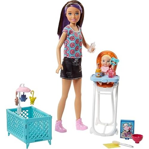 Barbie Babysitting Playset with Skipper Friend Doll, Color-Change Baby Doll, High Chair, Crib and Themed Accessories for 3 to 7 Year Olds