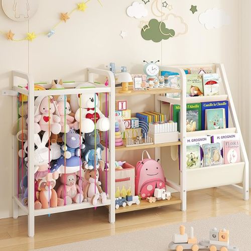 B1 Kids Bookshelf and Toy Storage, 3-Tier Book Shelf for Kids Rooms, Sling Baby Bookcase with Stuffed Animal Storage, Montessori Toddler Bookshelf for Nursery, Bedroom, Playroom Burlywood