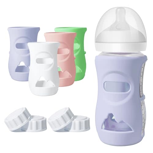 Joxodak 4 Pack Silicone Sleeves for Philips Avent Natural Glass Bottle Food Grade Silicone Bottle Cover and 4pcs Travel Bottle Caps, Bottle Lids Replacement (White+Pink+Violet, 8oz)
