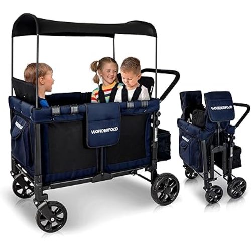 WONDERFOLD W4 Original Stroller Wagon (4 Seater) - Collapsible Wagon Stroller with Seats with 5-Point Harnesses, Easy Access Zipper Door, and Removable Sun Canopy, Navy