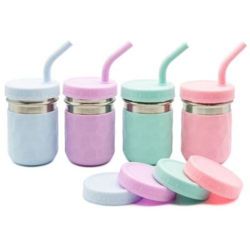 WeeSprout 2-in-1 Drinking Cups for Kids, Durable Stainless Steel Tumblers - 8 oz, Set of 4 (Matte Green, Off White, Blue and Dark Gray)