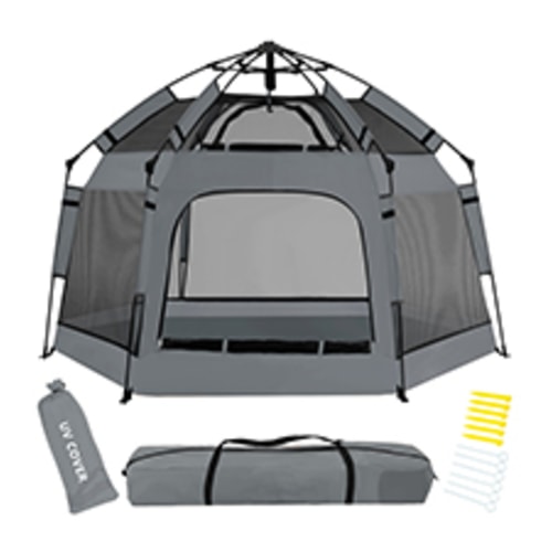 Baby Pop Up Playpen with Canopy, 2024 Newest Pop Up Baby Pop Up Tent with Safety Lock, Portable Toddler Play Yard with Travel Bag, 6 Ground Stakes, 6 Sand Stakes, 1 UV Cover for Indoor Outdoor Beach - Grey