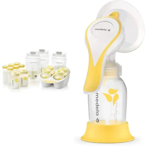 Medela Breast Milk Storage Solution Set, Breastfeeding Supplies & Containers, Breastmilk Organizer & Medela Manual Breast Pump with Flex Shields Harmony Single Hand for More Comfort and Expressing