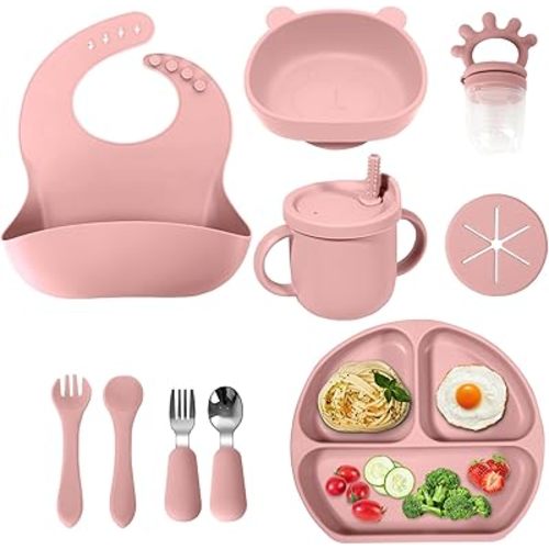 Silicone Baby Feeding Set | Baby Led Weaning Supplies | Toddler Self Feeding Dish Set with Suction Bowl, Divided Plate,Sippy Cup Spoons Forks Teether and Adjustable Bib, Eating Utensils for 6+Months