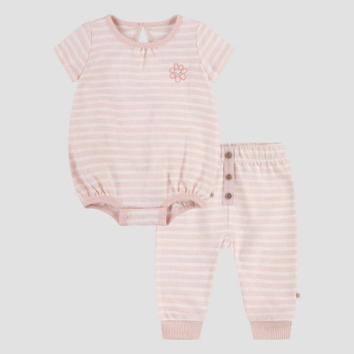 Huggies Baby Girls' Flower Short Sleeve Bodysuit & Pants Set - Pink 6M: Organic Cotton, Floral Knit, Crotch Snap