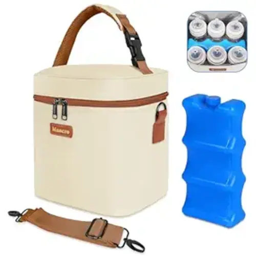Mancro Breast Milk Cooler Travel Bag with Ice Pack, Insulated Baby Bottle Bag Fits for 6 Baby Bottles Up to 9 Ounce with Detachable Shoulder Strap, Breastmilk Cooler for Working Mom or Daycare, Beige