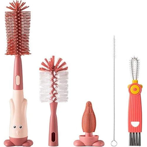 5-in-1 Baby Bottle Brush Set, Bottle Brush for Baby, Baby Bottle Scrubber, Including Silicone & Nylon Bottle Brush, Bottle Cap Brush, Straw Brush, Nipple Brush, BPA-Free (Red)