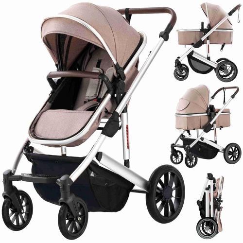 Baby Stroller Newborns and up 2-in-1 Infant Newborn Toddler Pram Convertible Foldable Standard Baby Carriage for 0-36 Months Old Babies (Khaki Silver)