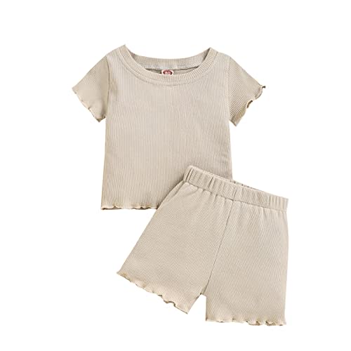 Dimoybabe Toddler Baby Girl Summer Clothes Ribbed Knit Cotton Cute Summer Outfits Short Sleeves 2 Pieces Shorts Set 12M - 5T