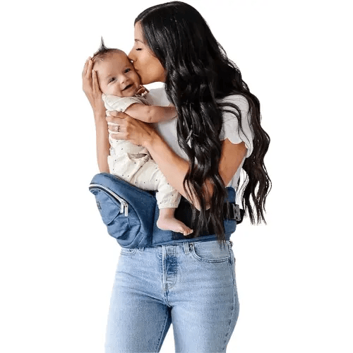 Tushbaby The Original Safety-Certified Hip Carrier for Babies & Toddlers: Machine Washable Child Waist Seat with Pocket Storage, As Seen on Shark Tank (23”-44” Waist, 0-3 yrs up to 45lbs) – Chambray