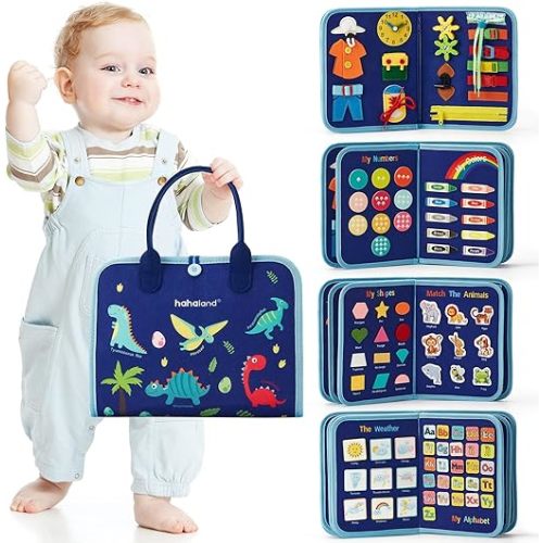 hahaland Busy Board for 1 Year Old - Montessori Toys for 2 Year Old Boy Birthday Gift - Preschool Learning Activities Toddlers Boy Toys 2-3 with Life Skills,Alphabet,Number,Shape,Color,Animal,Weather