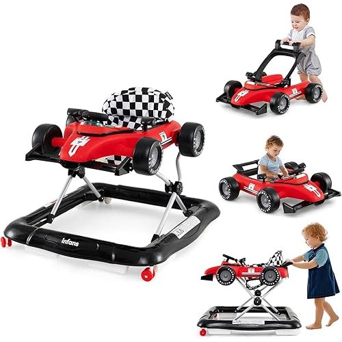 INFANS 4 in 1 Baby Walker, Foldable Toddler Activity Center with Adjustable Height, Padded Seat, Music, Light, Removable Tray, Push Walker for Girls Boys Aged 6-18 Months (Red)