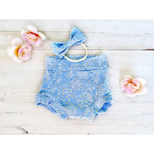 High Waisted Soft Baby Bummies and Bow, Blue Daisies, Baby Shorts, Baby Bloomers, Diaper Cover, Comfy Shorts Set for Baby Girl