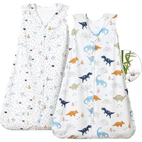 PHF 70% Rayon Derived from Bamboo and 30% Cotton Baby Sleep Sacks 0-6 Months, Baby Sleeping Bag 2-Way Zipper, 2 Pack 0.5 TOG Soft and Breathable Wearable Blanket for Baby Boys Small Size, Dinosaur