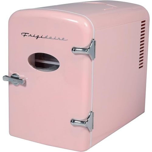 Frigidaire EFMIS175 Retro 9-Can Mini Personal Fridge Portable Cooler for Car, Office, Bedroom, Dorm Room, or Cabin, 11.8"D x 7.1"W x 10.1"H, Pink - Refrigerator