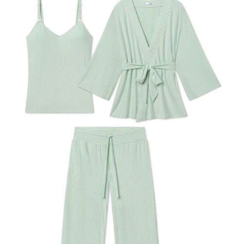 LAKE | Women | DreamModal® Pajamas | Parisian Green Pencil Stripe Maternity Kimono Bundle