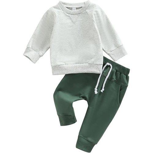 Toddler Baby Boy Clothes Solid Color Long Sleeve Crewneck Sweatshirt Top Casual Pants Set 2Pcs Fall Winter Outfits - Gray & Green - 0-6 Months