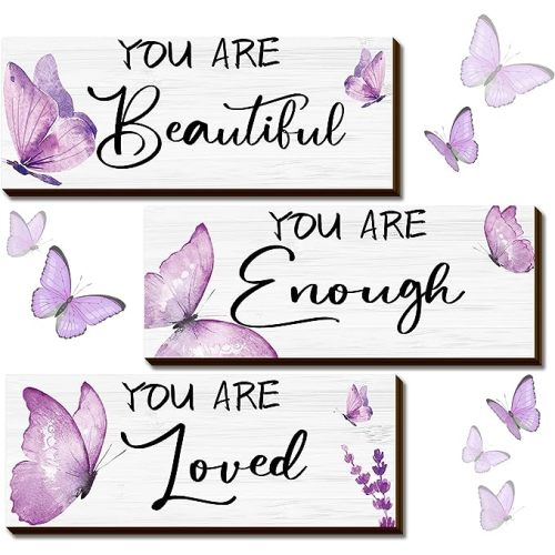 Geelin 3 Pcs Butterfly Wooden Hanging Wall Art Positive Quotes Wall Art Prints with Butterfly for Inspirational Word Sign Decors Gift for Women Room (9.84 x 3.94 Inch, Purple)